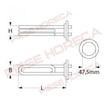 Rezistenta masina de spalat vase, ATA, 1 circuit, putere 2500W, alimentare 230V, lungime-225mm, flansa rotunda de Ø47,5mm, dimensiuni teaca termostat 7x210mm
